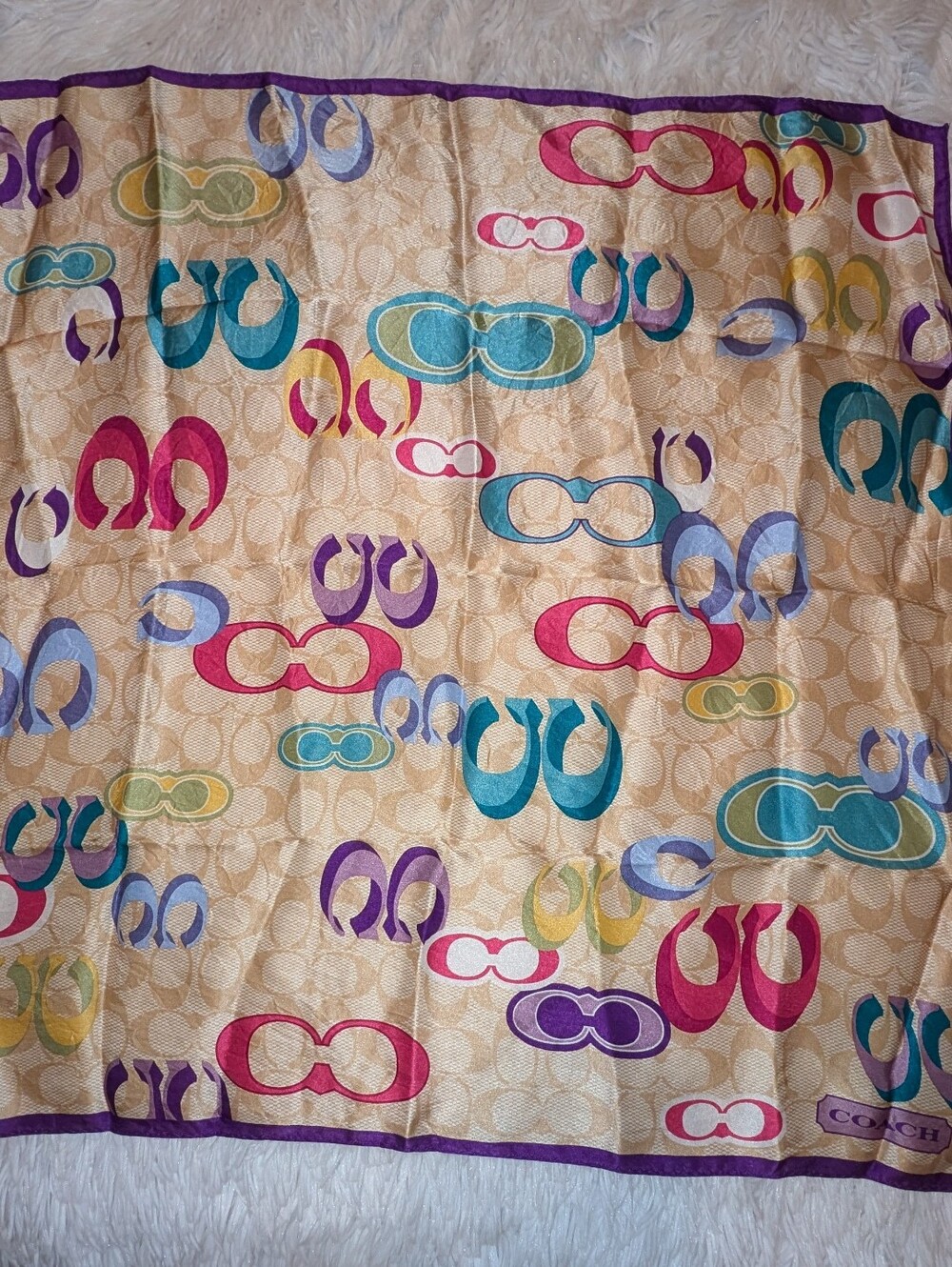 Coach Op Art Silk Scarf Tan Multi 21" EUC